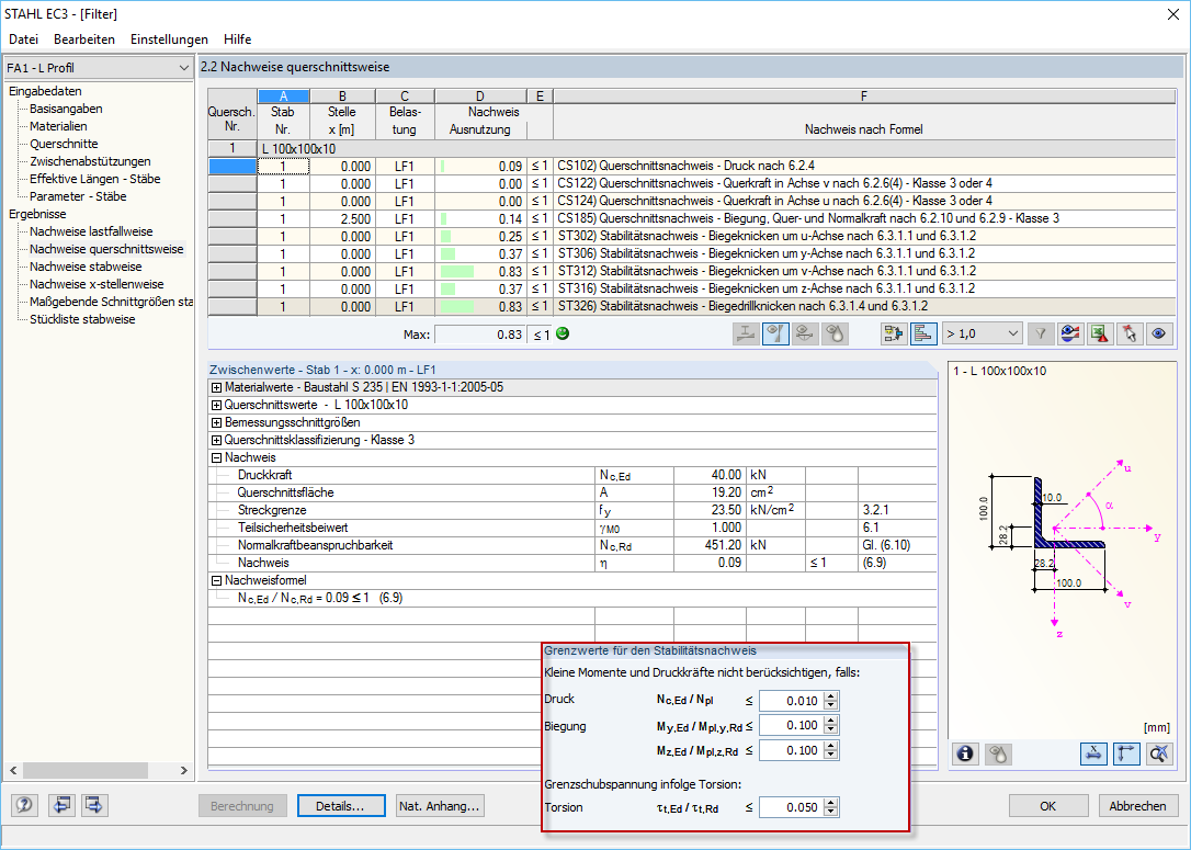 Grenzwerte Fall 1 und erfolgreicher Knicknachweis