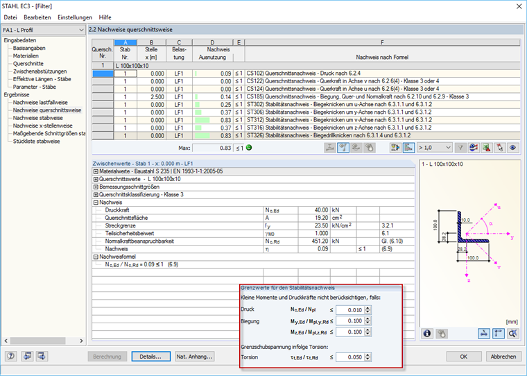 Grenzwerte Fall 1 und erfolgreicher Knicknachweis