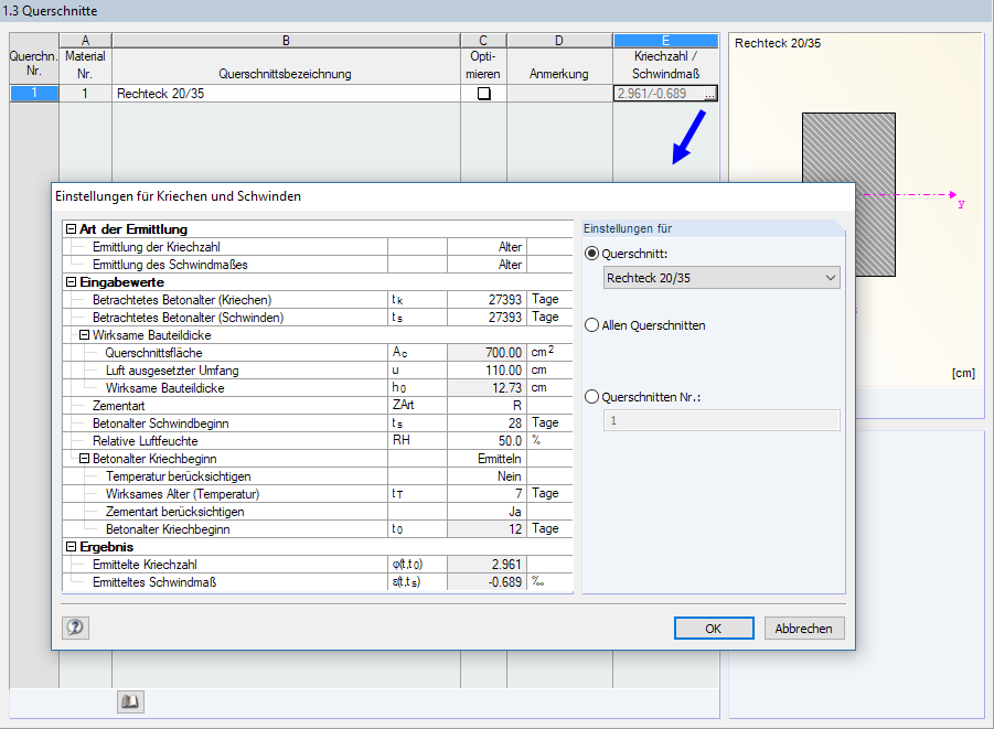 BETON Maske '1.3 Querschnitte' mit Einstellungen für Kriechen und Schwinden