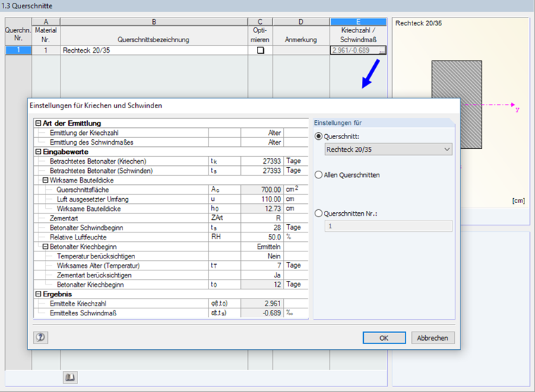 BETON Maske '1.3 Querschnitte' mit Einstellungen für Kriechen und Schwinden