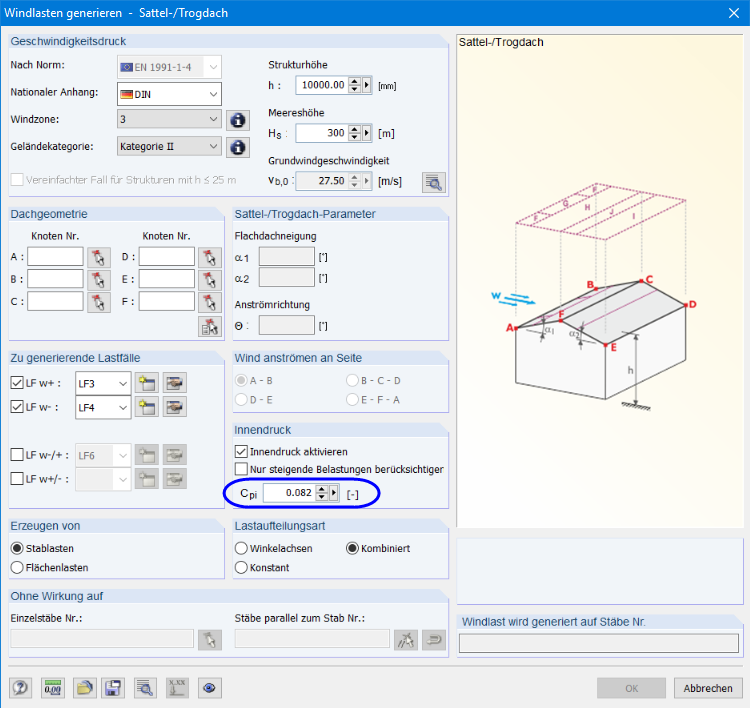 Eingabe des Innendruckbeiwertes im Windlastgenerierer in RFEM