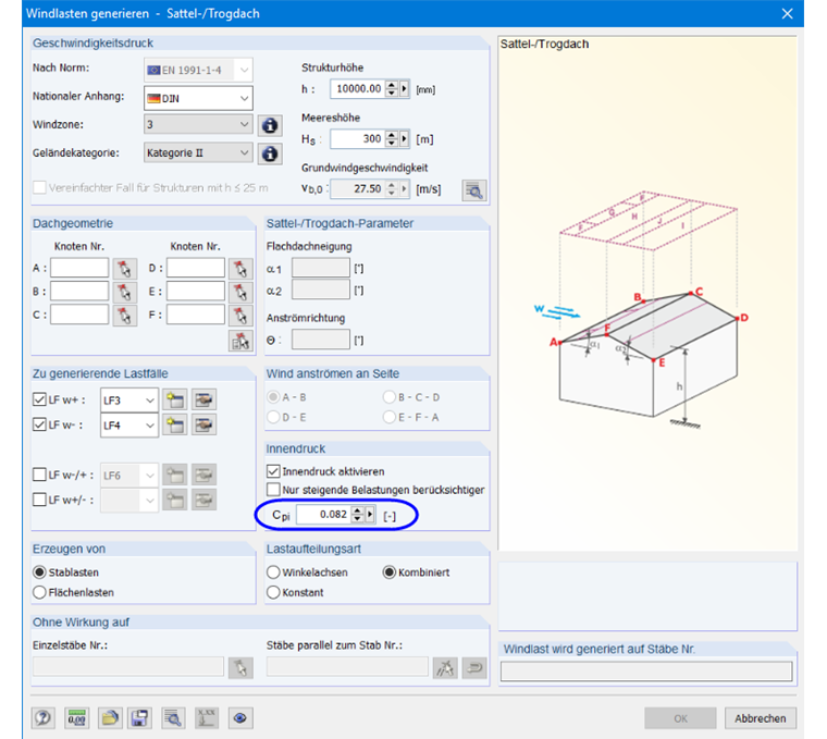 Eingabe des Innendruckbeiwertes im Windlastgenerierer in RFEM