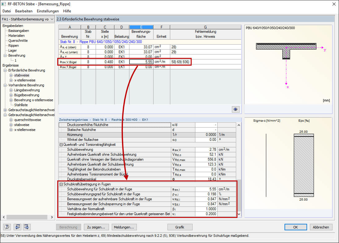Ergebnisausgabe für die Schubfugenbemessung