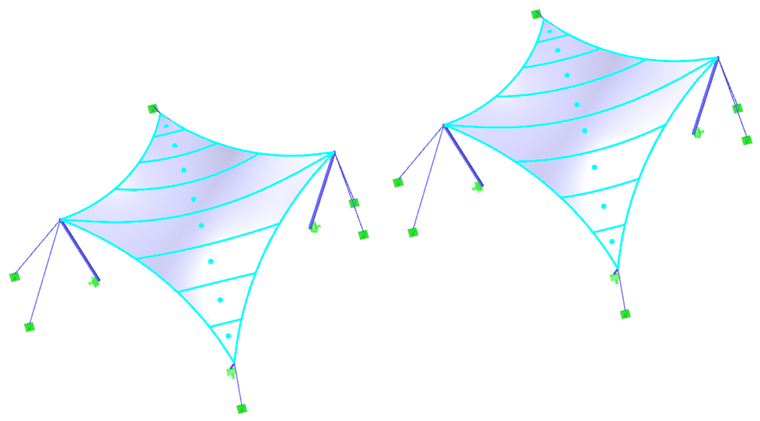 Über geodätische Schnittlinien (links) und über Ebenenschnitte (rechts) aufgeteiltes hyperbolisches Paraboloid