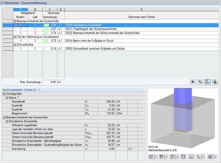 Maske "3.1 Nachweise - Zusammenfassung" mit Details zur erforderlichen Köchertiefe