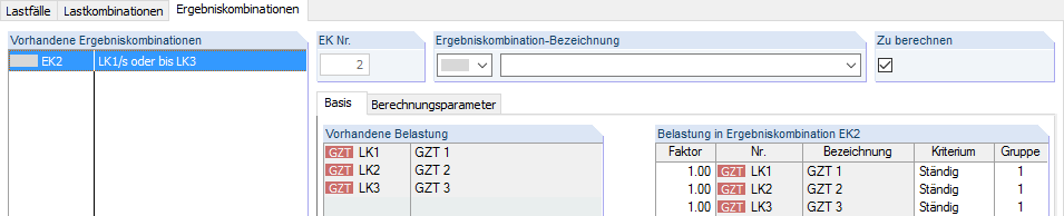 Ergebniskombination als Umhüllende alternativ wirkender Lastsituationen