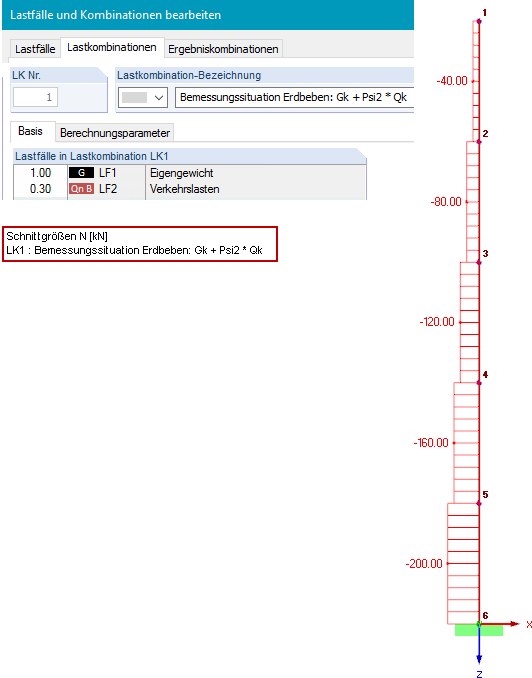 Definition einer Lastkombination für die Bemessungssituation Erdbeben (Gleichung 2) und die resultierenden Normalkräfte. Diese Normalkräfte werden zur Ermittlung der geometrischen Steifigkeitsmatrix verwendet
