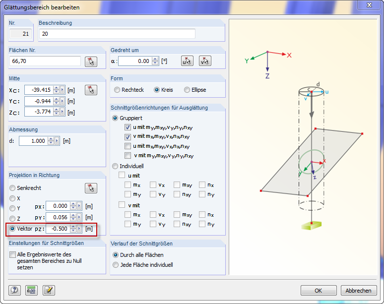Projektion eines Glättungsbereichs mittels Vektor