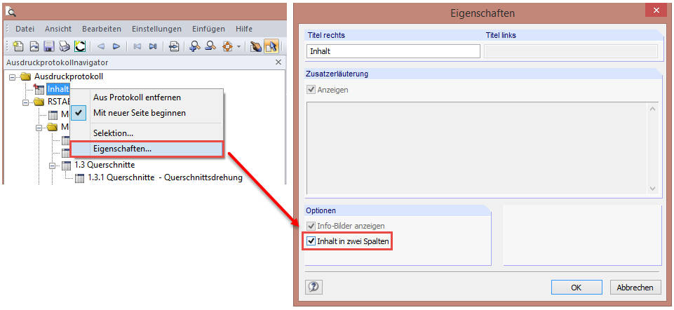 Inhaltsverzeichnis im Ausdruckprotokoll zweispaltig