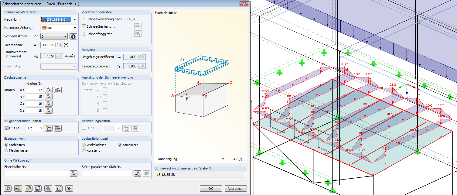 Statikobjekt "Schneelast" in RFEM: Kann in BIM-Software oder Schnittstelle, zum Beispiel IFC Structural Analysis View, nicht identisch abgebildet werden. Intelligenz des Objektes geht verloren, wenn es in Linien- und Trapezlasten ohne Bezug zu Schneelastzone aufgelöst wird