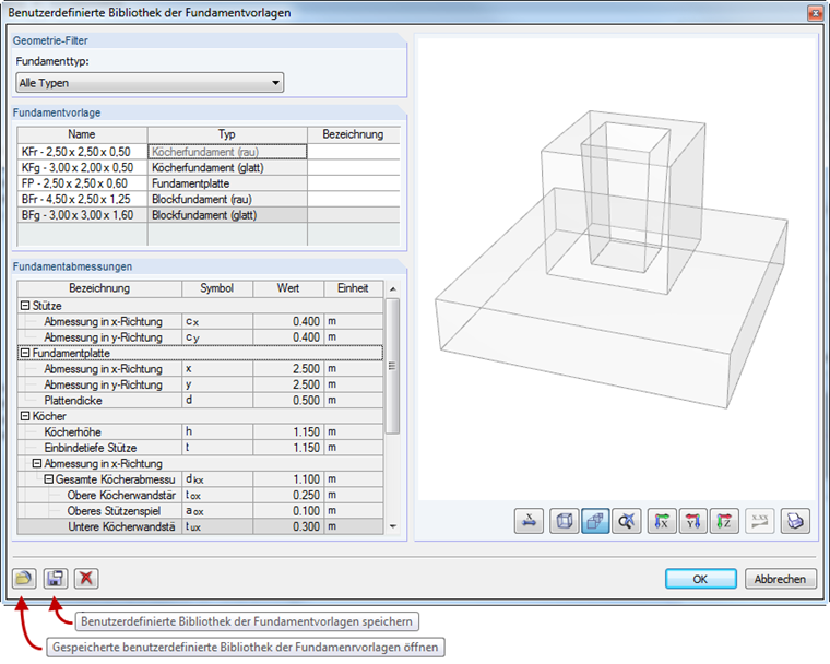 Import/Export der Fundamentvorlagen