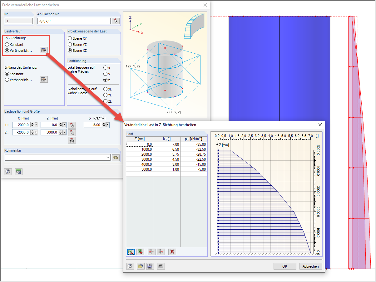 Freie veränderliche Last in Z-Richtung bearbeiten