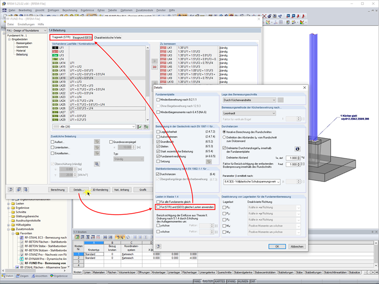 Getrennte Lasteingabe für Nachweise des Tragwerks beziehungsweise Baugrunds