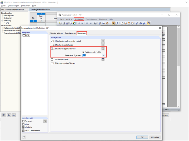 Selektierte Ausgabe von Eigenwerten inklusive Beulnachweis