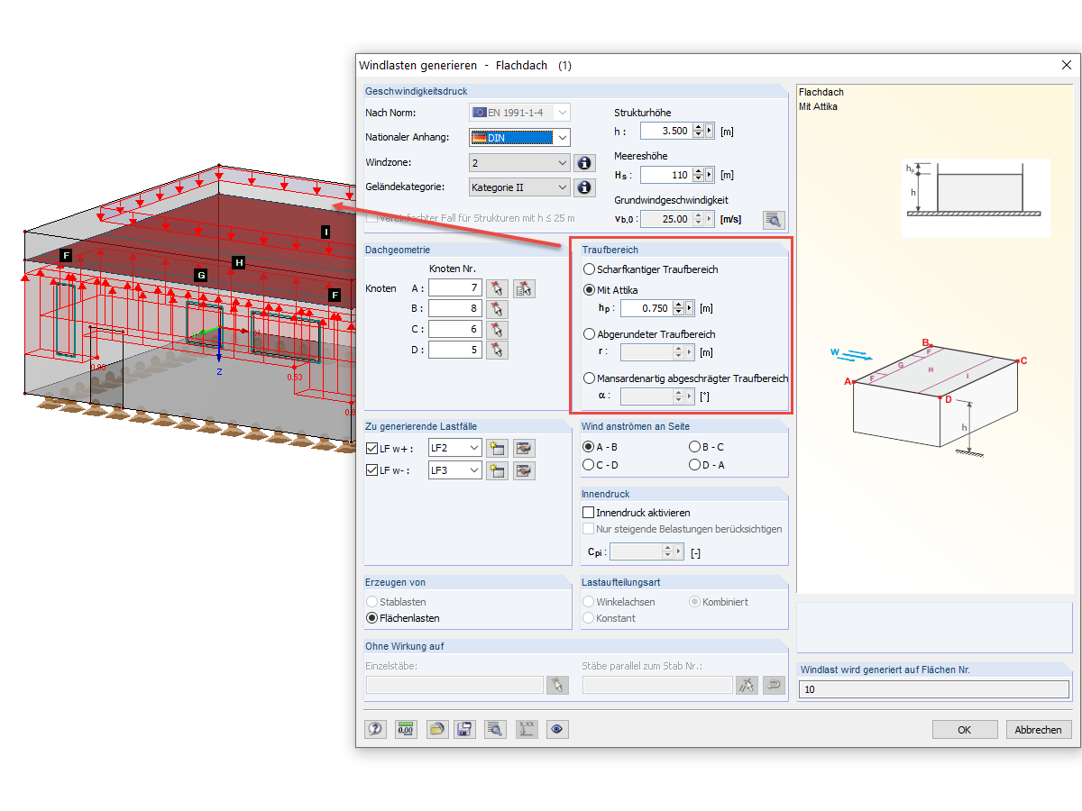 Berücksichtigung der Traufbereichausbildung bei der Windlastgenerierung