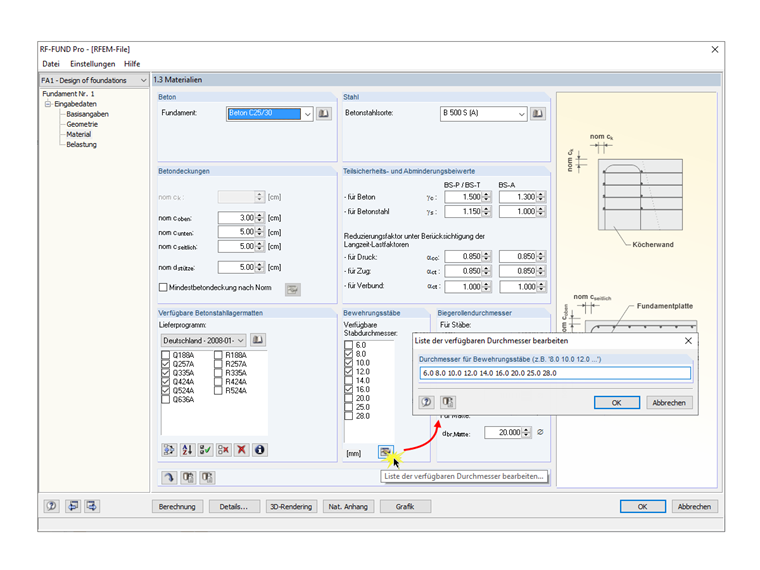 Anpassen der verfügbaren Stabstahldurchmesser
