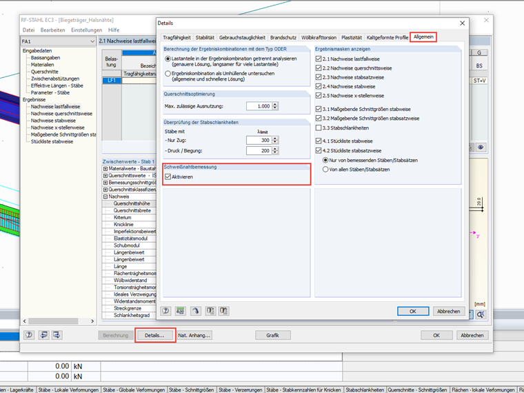 Aktivierung der Schweißnahtbemessung in RF-/STAHL EC3