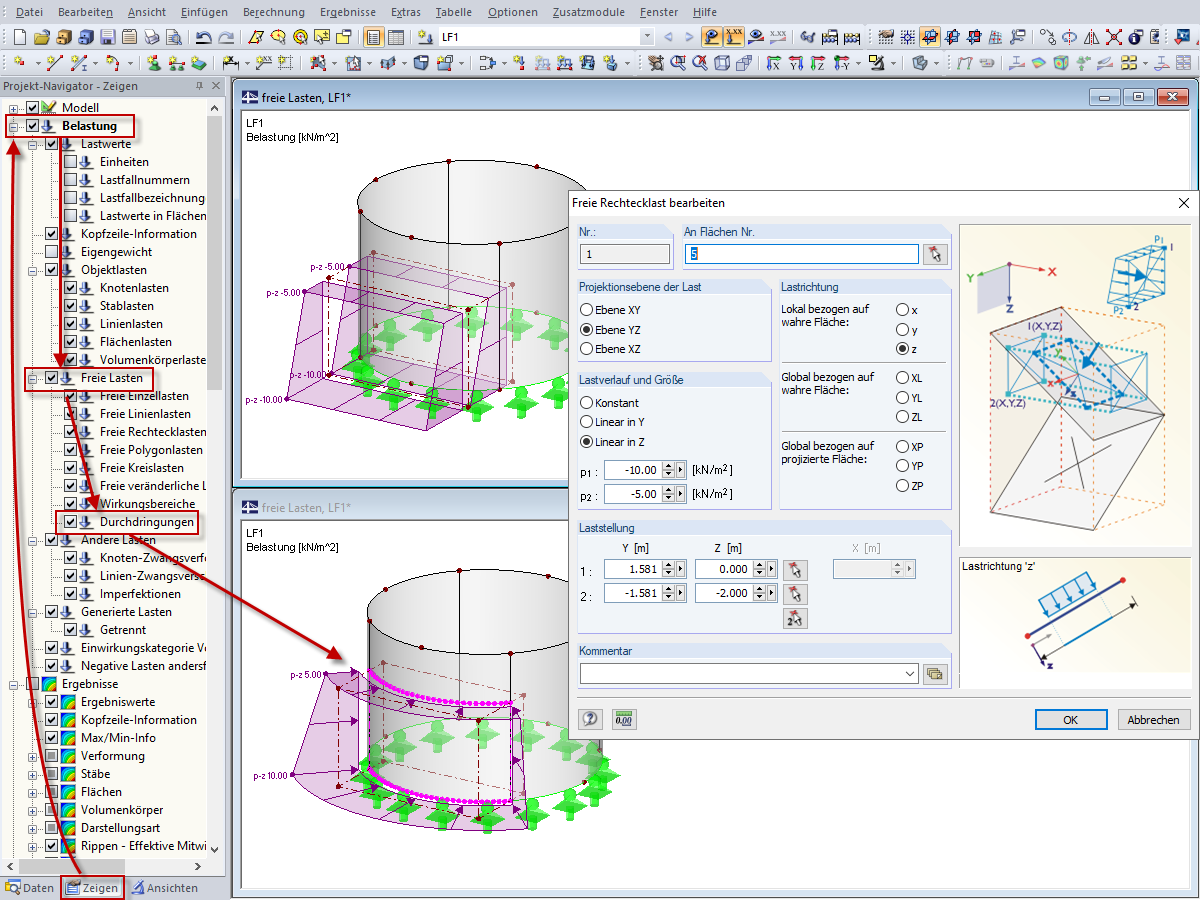 Durchdringung der freien Flächenlasten darstellen