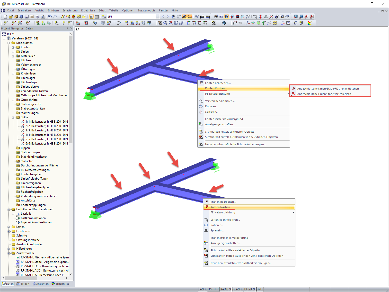 Knoten löschen und Linien verschmelzen
