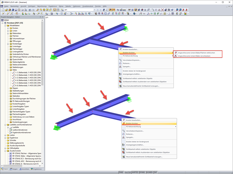 Knoten löschen und Linien verschmelzen