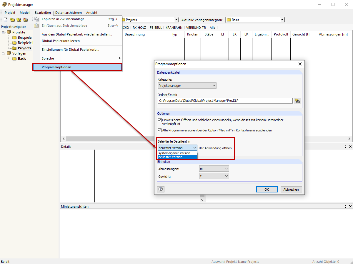 Festlegung des Standardprogramms im Projektmanager