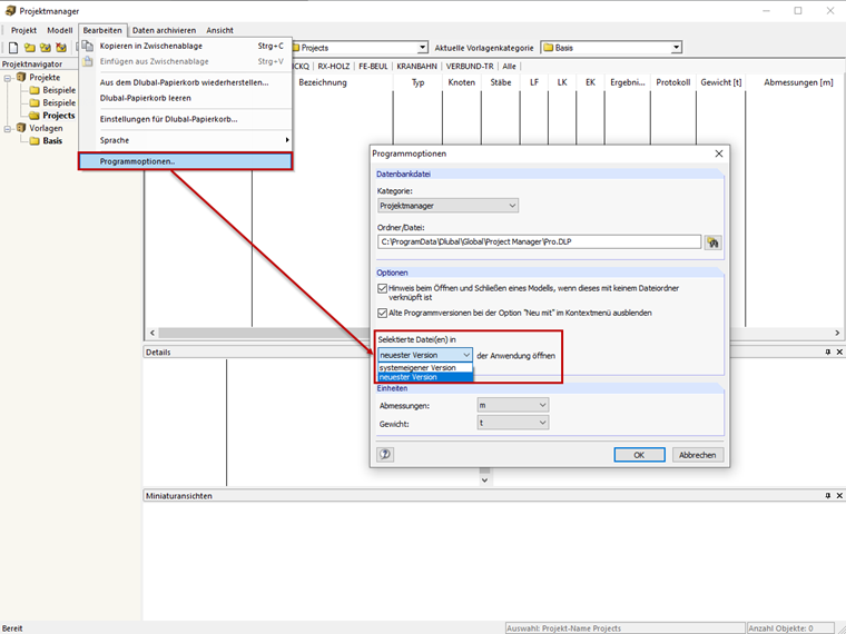 Festlegung des Standardprogramms im Projektmanager