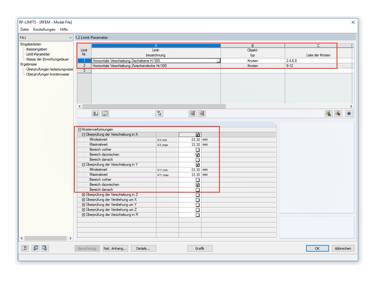 Vergleich der Verschiebungen mit den definierten Limits