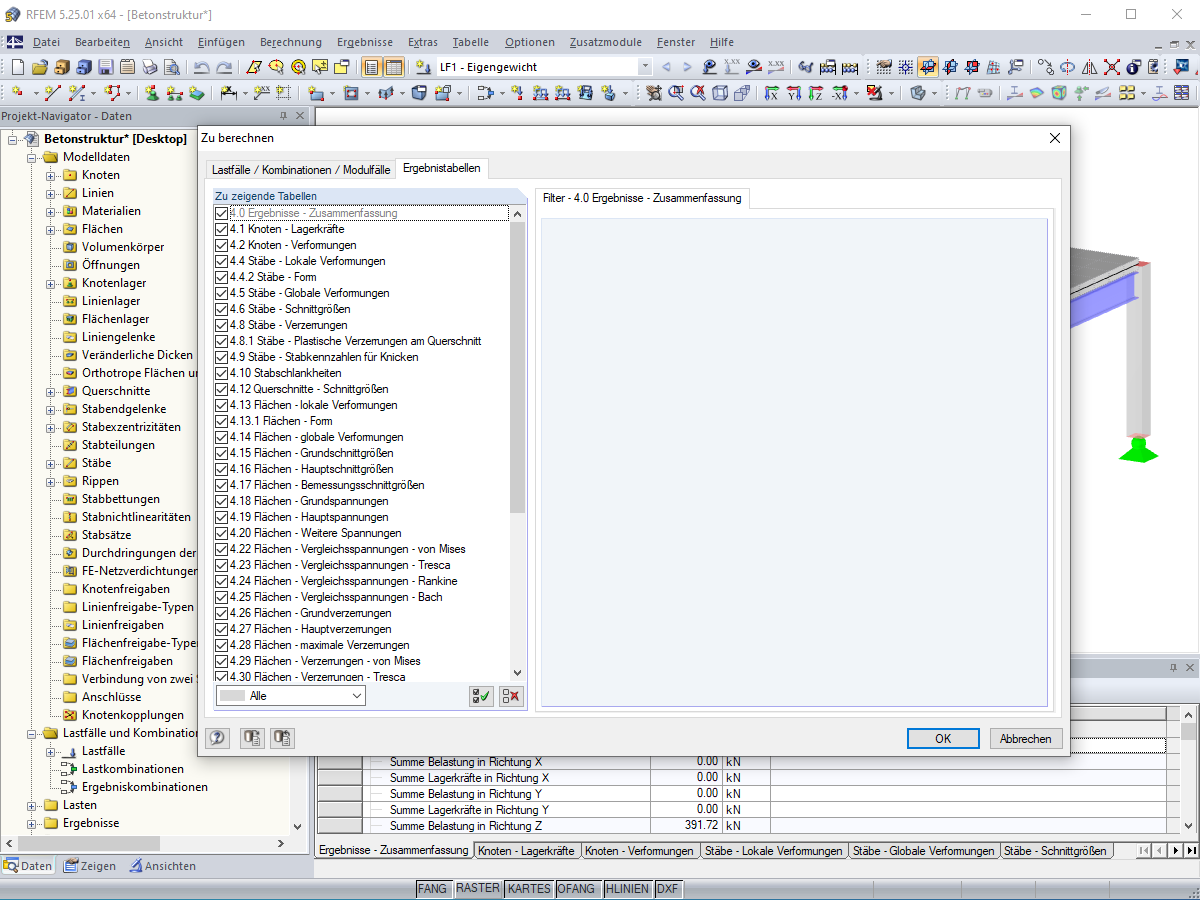 Ergebnistabellen filtern