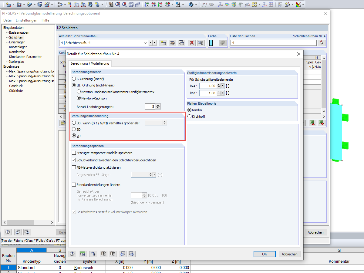Berechnungsoption 2D/3D bei Verbundglasscheiben