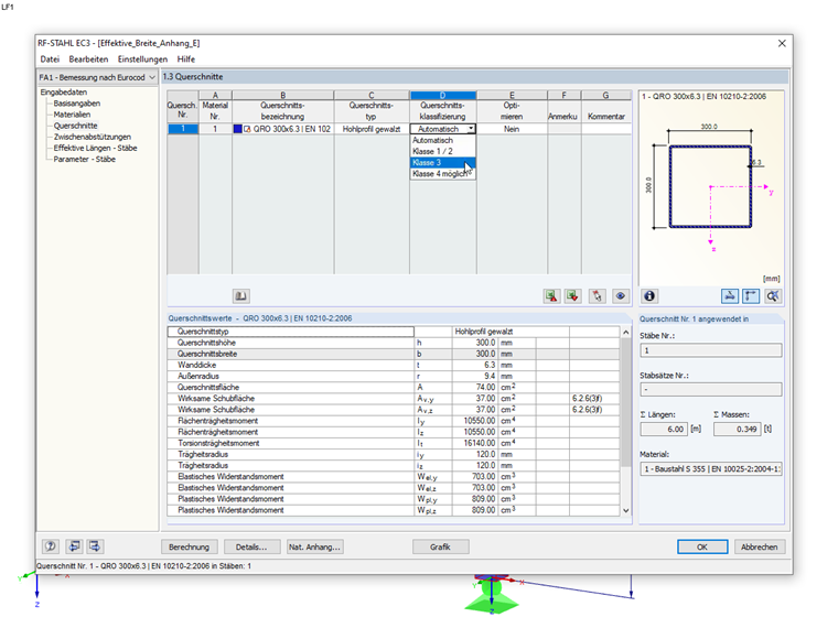 Manuelle Auswahl der Querschnittsklasse