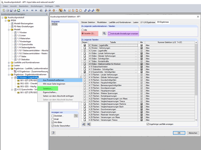 Individuelle Selektion im Ausdruckprotokoll