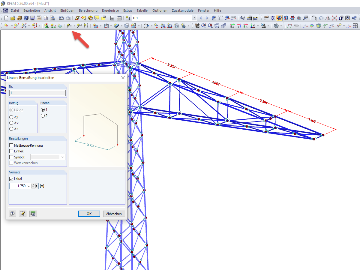Windschief verkettete Bemaßung