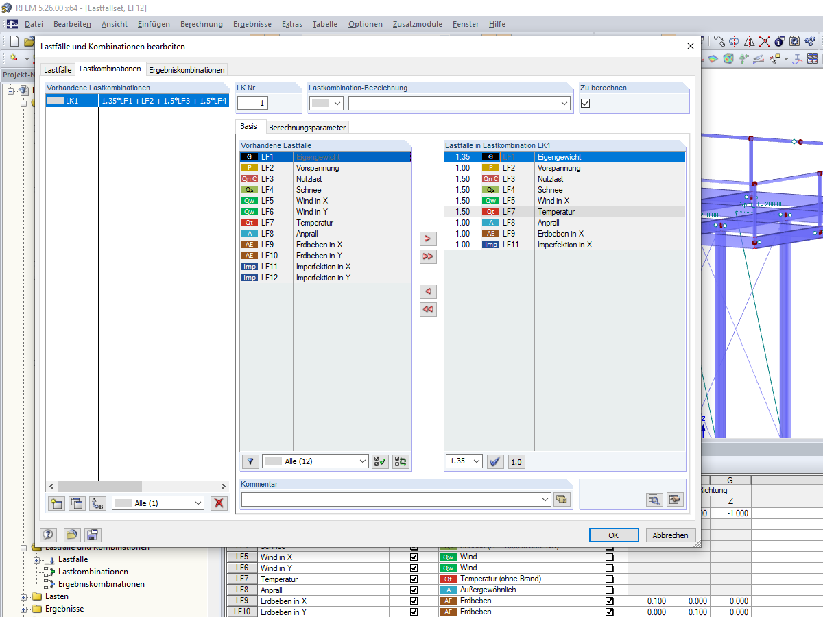 Lastfälle und Kombinationen bearbeiten