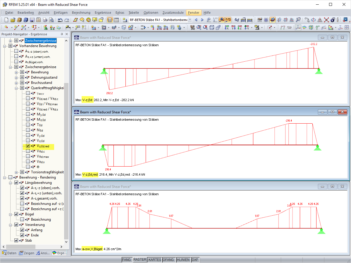 Grafische Ausgabe der vollen und reduzierten Querkraft sowie der erforderlichen Schubbewehrung