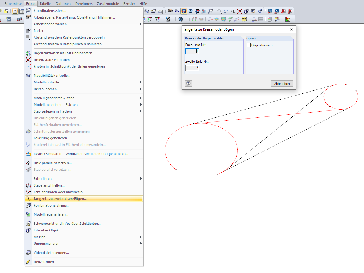 Tangente zu zwei Kreisen/Bögen