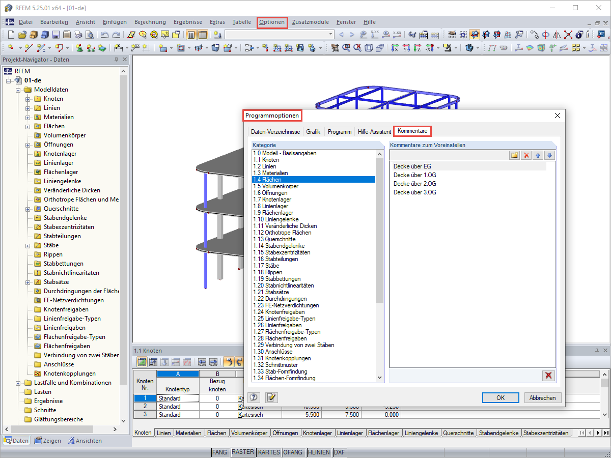 Voreinstellen von Kommentaren
