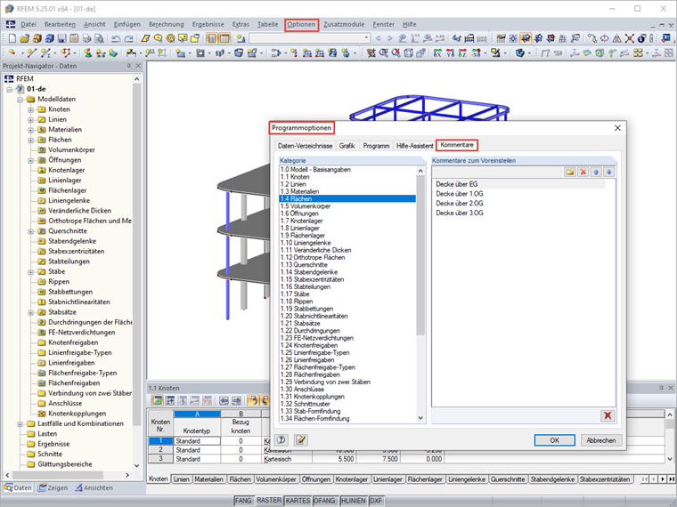 Voreinstellen von Kommentaren