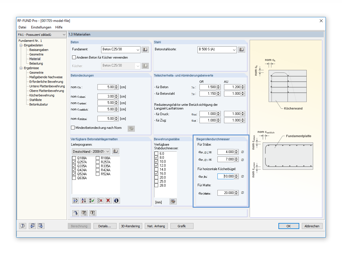 Definition des Biegerollendurchmessers für Fundamentbewehrung