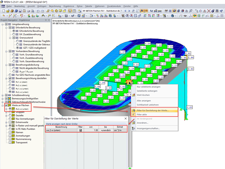 Filter für die Darstellung der Werte an Flächen
