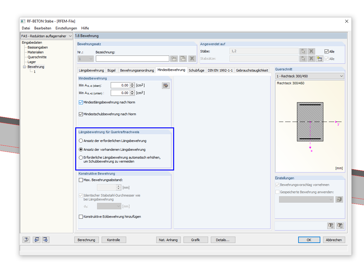 Anzusetzende Längsbewehrung für den Querkraftnachweis
