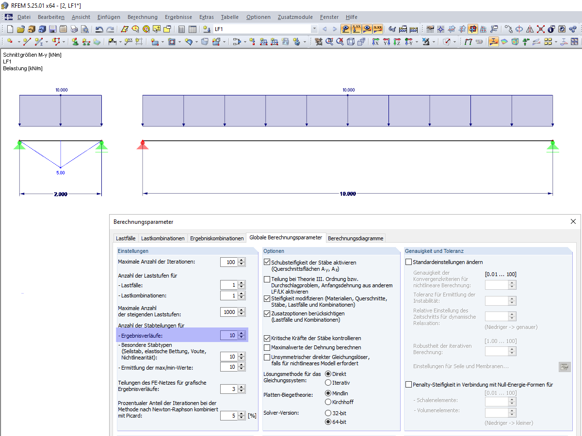 Momentenverlauf mit 10 Stabteilungen für die Ergebnisverläufe