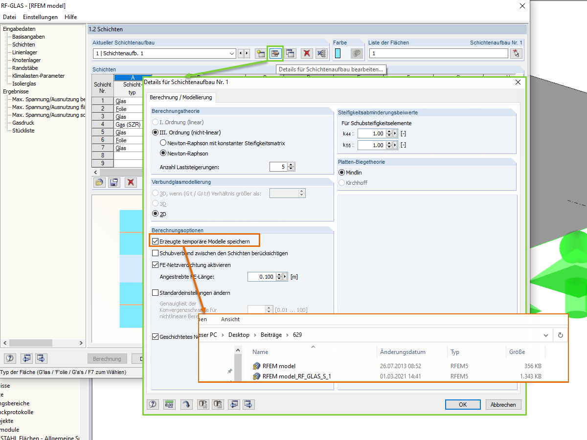 Temporäre Berechnungsmodelle anzeigen