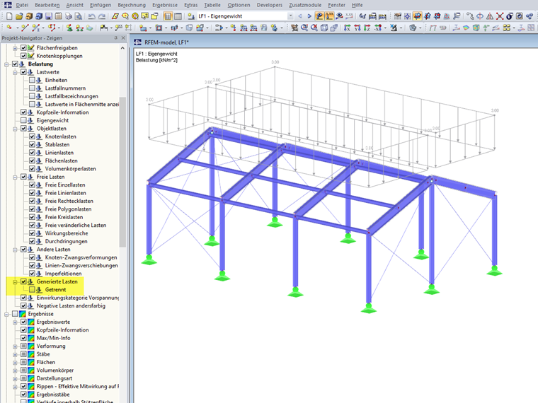 Anzeige generierter Flächenlasten