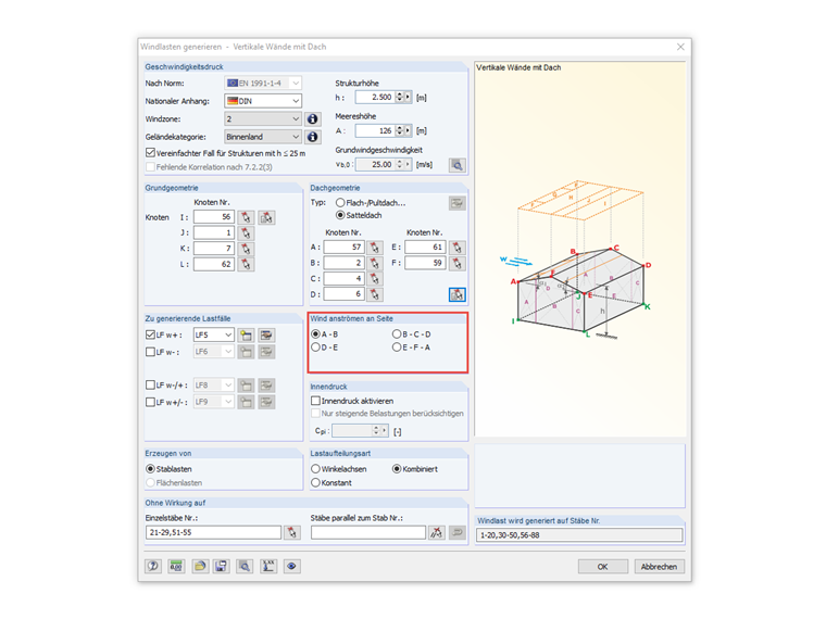 Anströmrichtung des Windes im Lastgenerierer