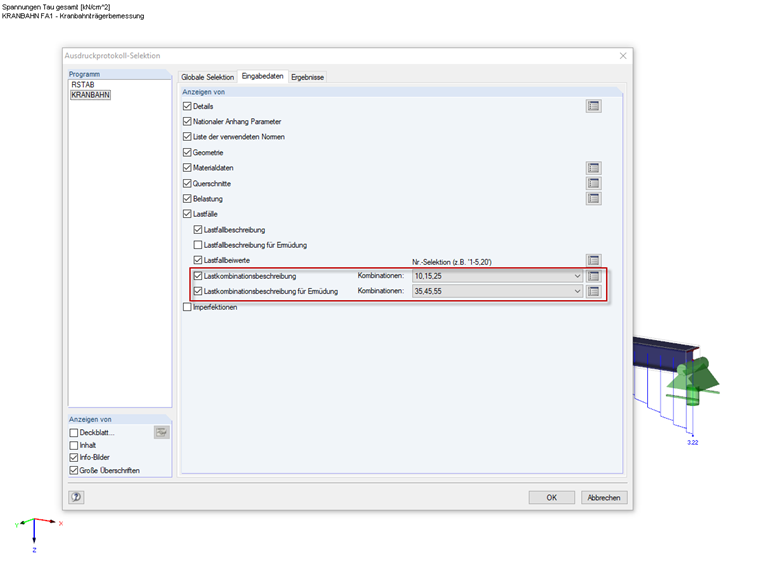 Selektion der Lastfallkombinationen im Ausdruckprotokoll