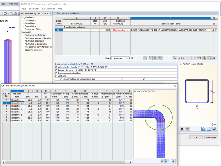 Gekrümmtes Querschnittsteil eines DUENQ Profils