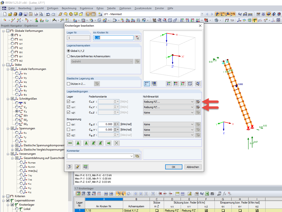 Nichtlinearität der Lagerbedingungen des Knotenlagers festlegen