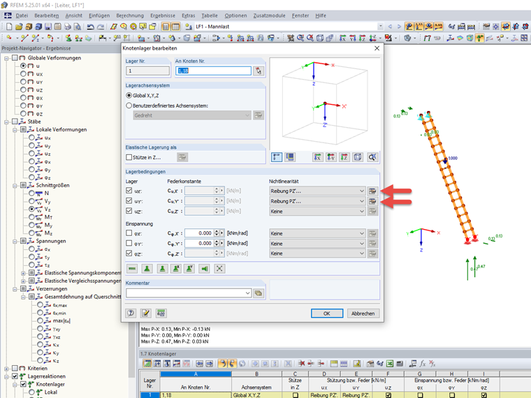 Nichtlinearität der Lagerbedingungen des Knotenlagers festlegen