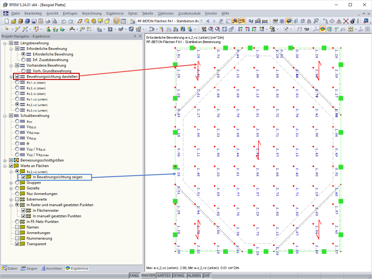 Richtung der Flächenbewehrung anzeigen