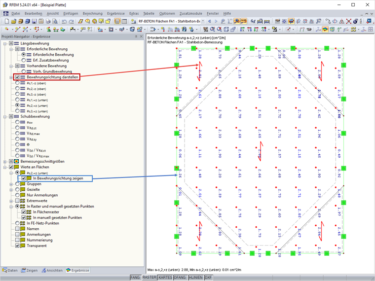 Richtung der Flächenbewehrung anzeigen